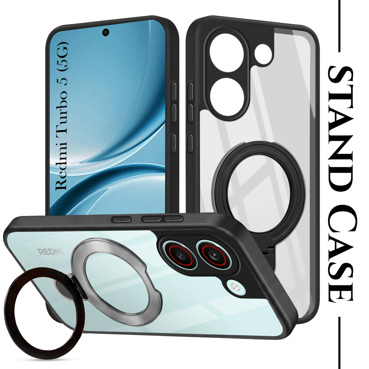 For Redmi Turbo 5 Back Cover Case (Kick Stand Ring Holder | Life time Anti Yellow | Camera Protection)
