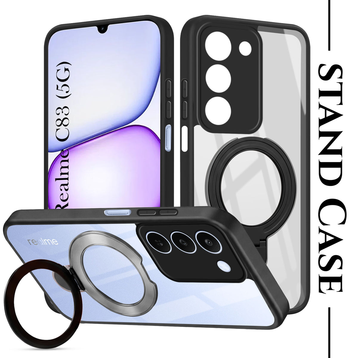 For Realme C83 5G Back Cover Case (Kick Stand Ring Holder | Life time Anti Yellow | Camera Protection)