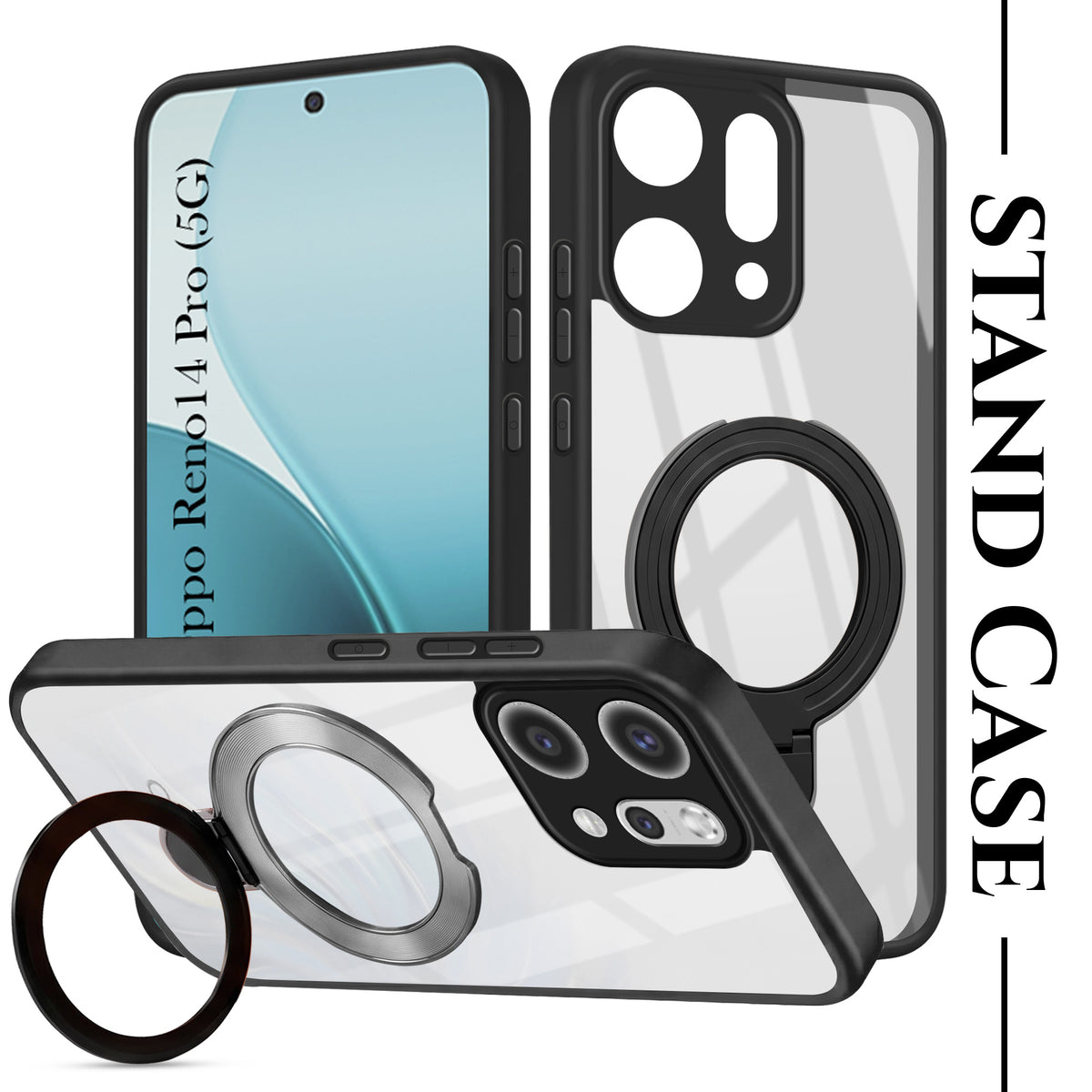 For Oppo Reno14 Pro 5G | Oppo Reno 14 Pro 5G Back Cover Case (Kick Stand Ring Holder | Life time Anti Yellow | Camera Protection)