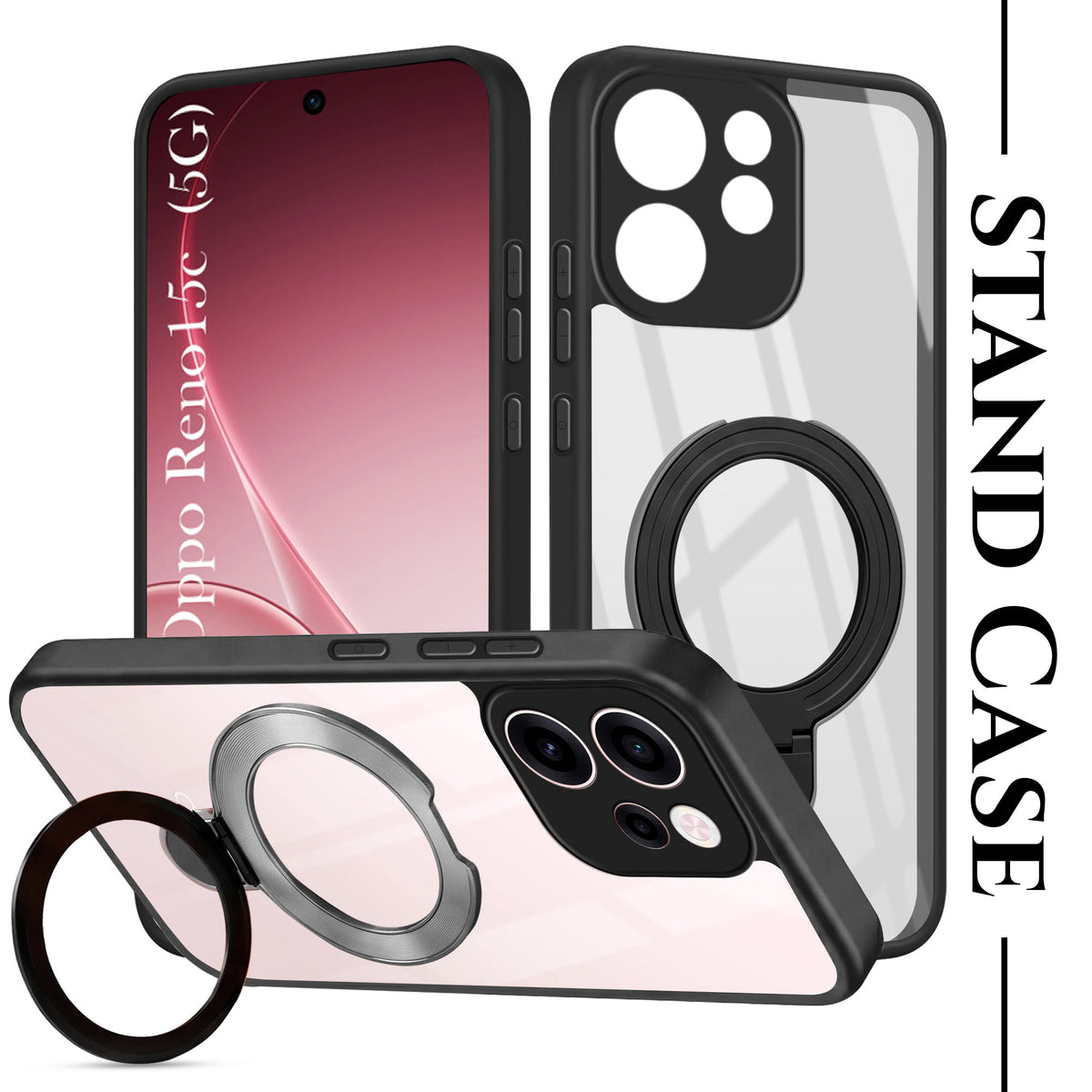 For Oppo Reno 15c Back Cover Case (Kick Stand Ring Holder | Life time Anti Yellow | Camera Protection)