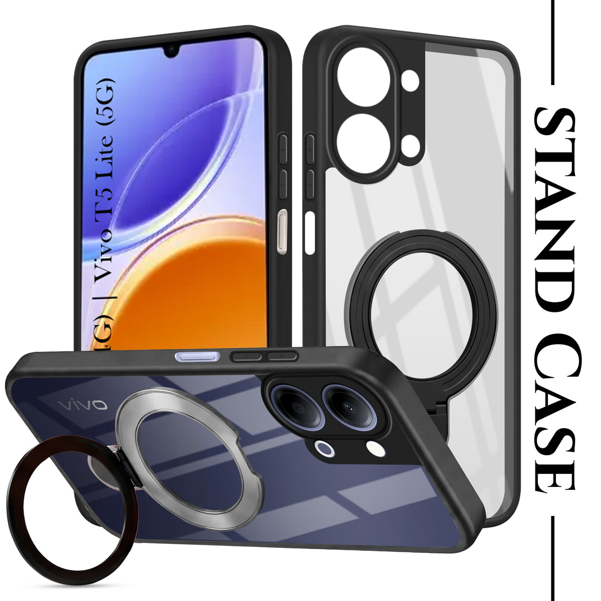 For Vivo Y05 4G | Vivo T5 Lite 5 Back Cover Case (Kick Stand Ring Holder | Life time Anti Yellow | Camera Protection)