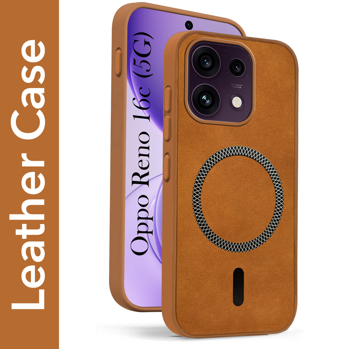 For Oppo Reno 16C 5G Back Cover Case Leather Finish (MagSafe Compatible Wireless Charging | Soft Touch | Camera Bump Protection)