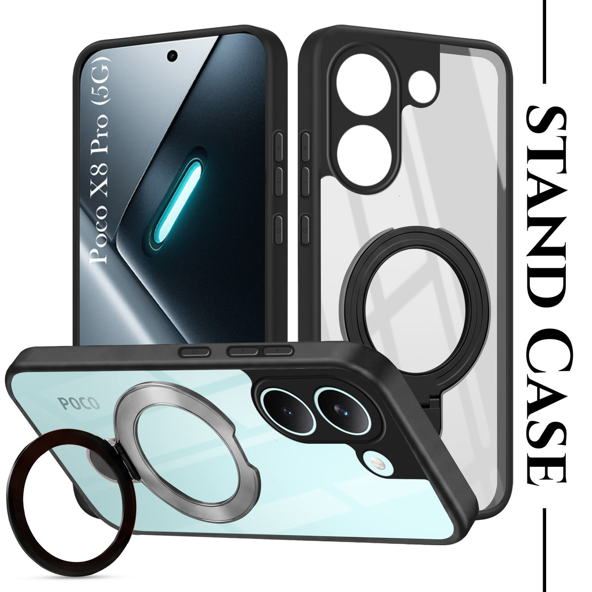 For Poco X8 Pro Back Cover Case (Kick Stand Ring Holder | Life time Anti Yellow | Camera Protection)