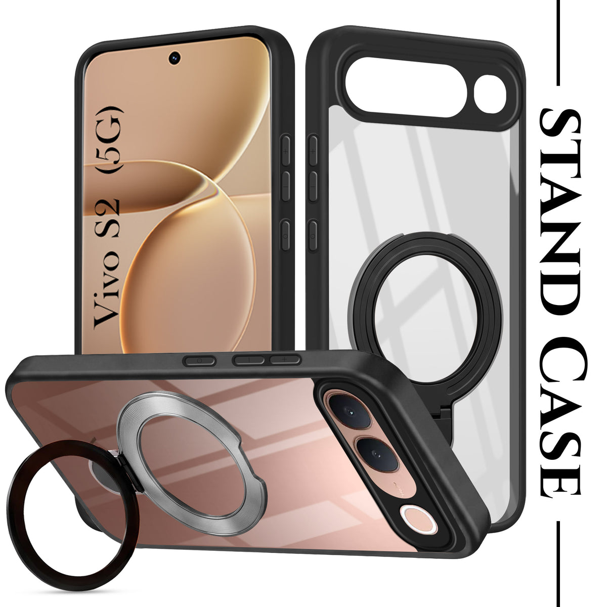 For Vivo S2 5G Back Cover Case (Kick Stand Ring Holder | Life time Anti Yellow | Camera Protection)
