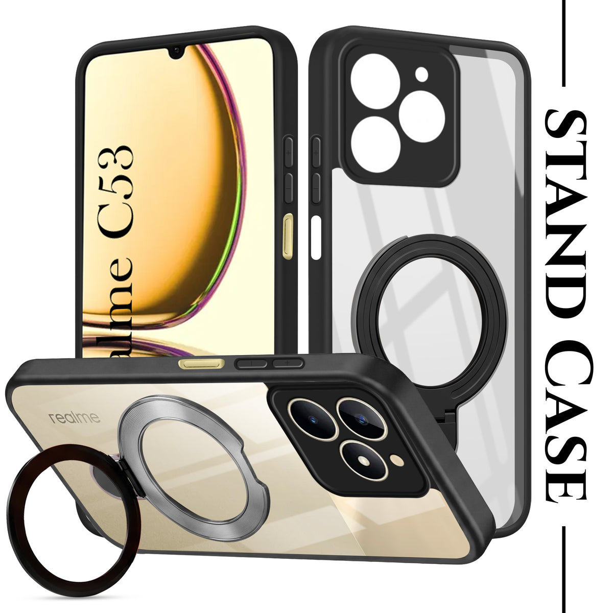 For Realme C53 Back Cover Case (Kick Stand Ring Holder | Life time Anti Yellow | Camera Protection)