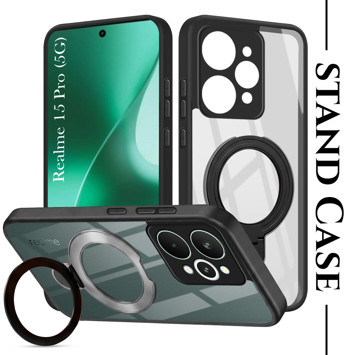 For Realme 15 Pro Back Cover Case (Kick Stand Ring Holder | Life time Anti Yellow | Camera Protection)