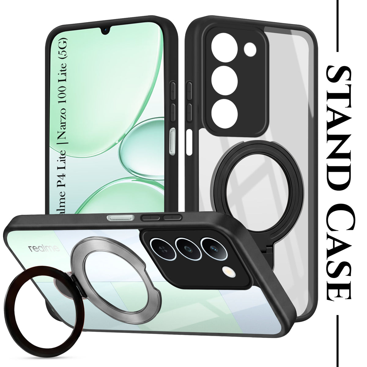 For Realme P4 Lite 5G | Narzo 100 Lite 5G Back Cover Case (Kick Stand Ring Holder | Life time Anti Yellow | Camera Protection)