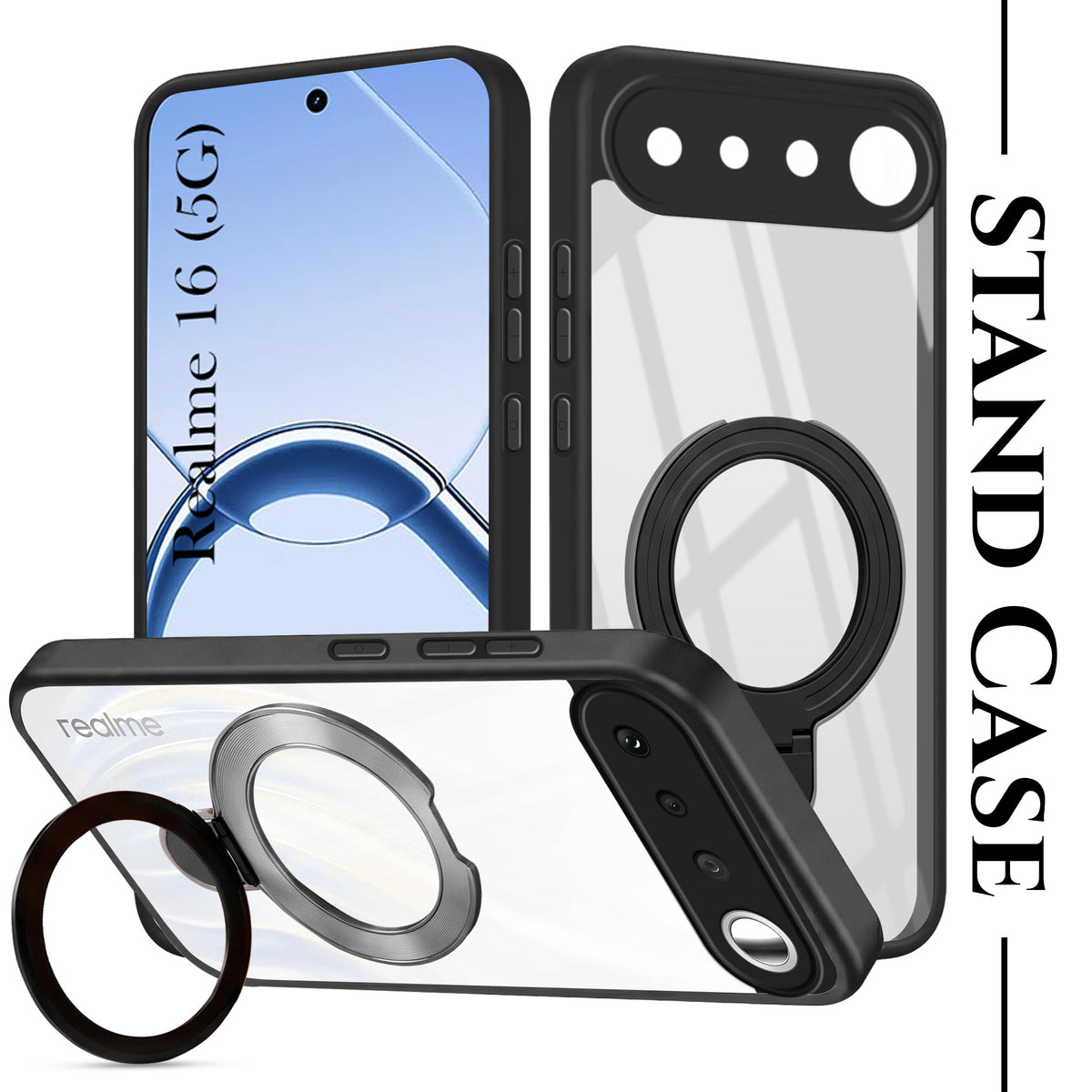 For Realme 16 Back Cover Case (Kick Stand Ring Holder | Life time Anti Yellow | Camera Protection)