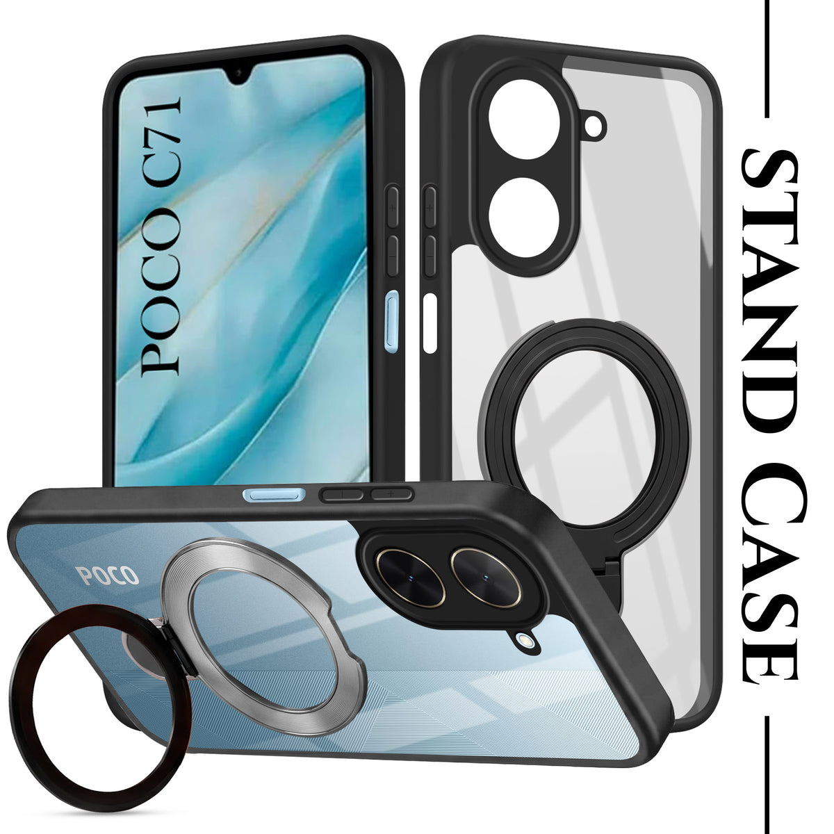 For Poco C71 Back Cover Case (Kick Stand Ring Holder | Life time Anti Yellow | Camera Protection)