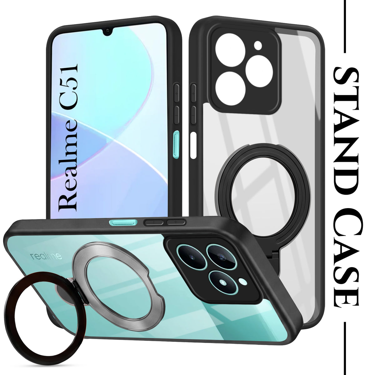 For Realme C51 Back Cover Case (Kick Stand Ring Holder | Life time Anti Yellow | Camera Protection)
