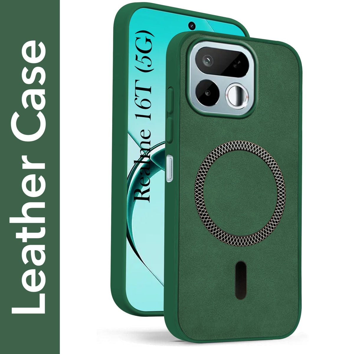For Realme 16T 5G Back Cover Case Leather Finish (MagSafe Compatible Wireless Charging | Soft Touch | Camera Bump Protection)