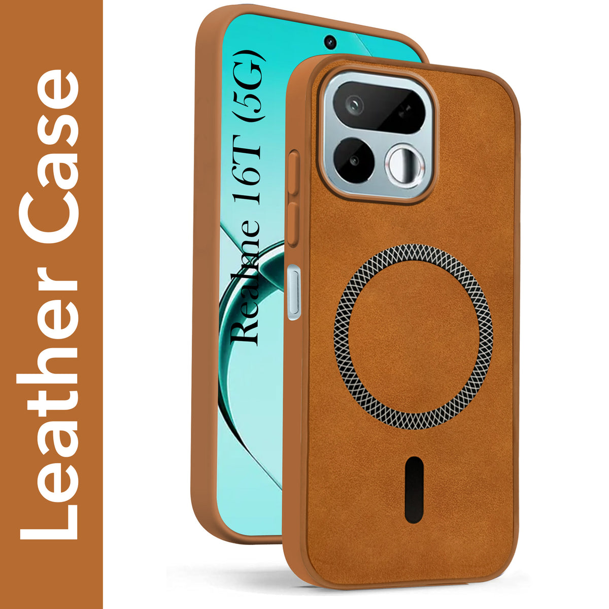 For Realme 16T 5G Back Cover Case Leather Finish (MagSafe Compatible Wireless Charging | Soft Touch | Camera Bump Protection)