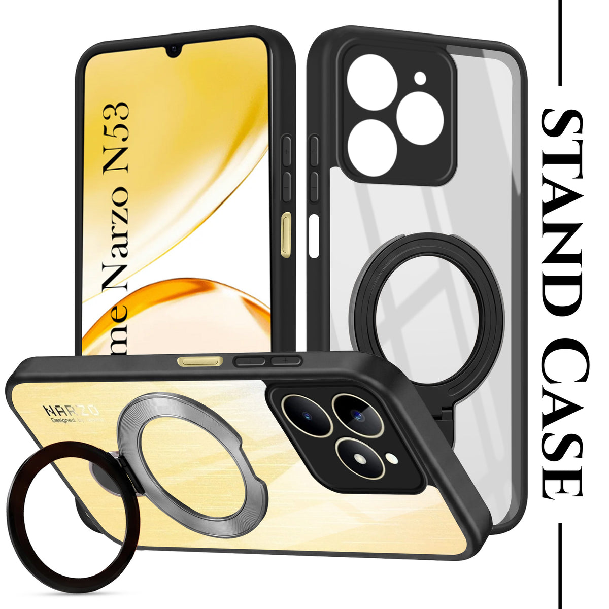 For Realme Narzo N53 Back Cover Case (Kick Stand Ring Holder | Life time Anti Yellow | Camera Protection)