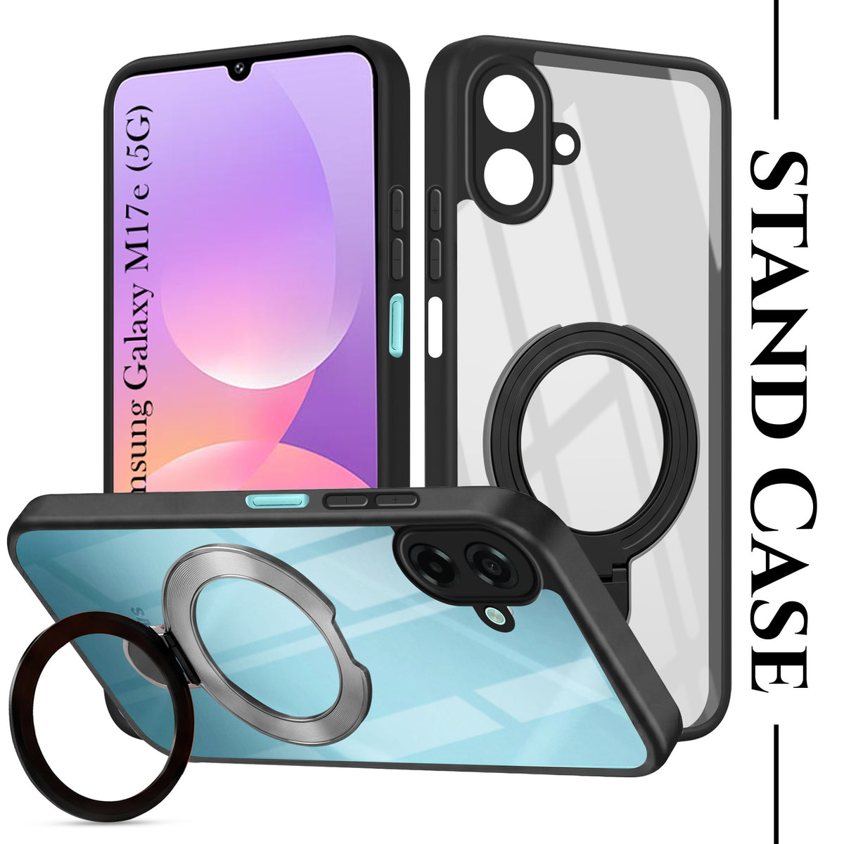For Samsung Galaxy M17e Back Cover Case (Kick Stand Ring Holder | Life time Anti Yellow | Camera Protection)