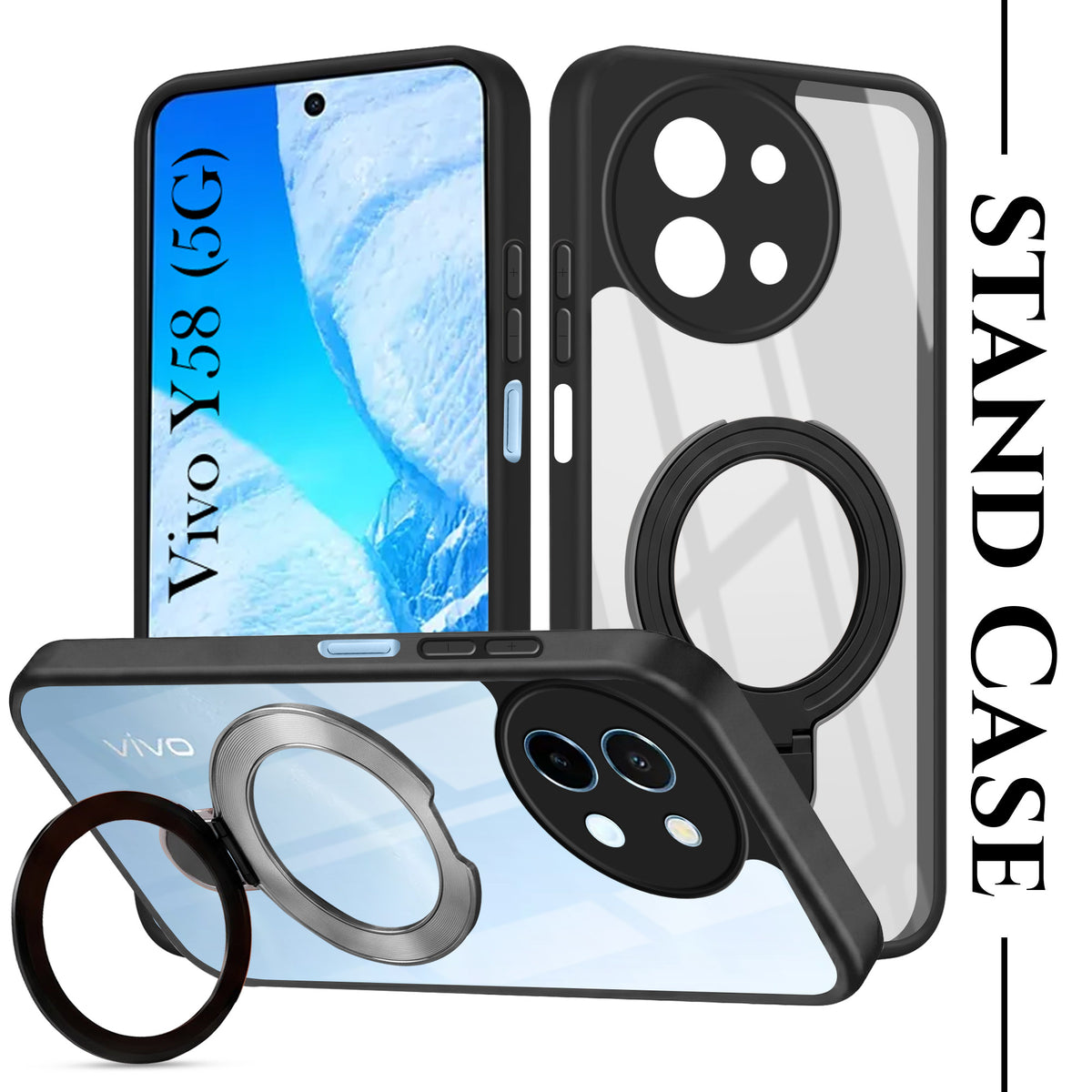 For Vivo Y58 5G Back Cover Case (Kick Stand Ring Holder | Life time Anti Yellow | Camera Protection)