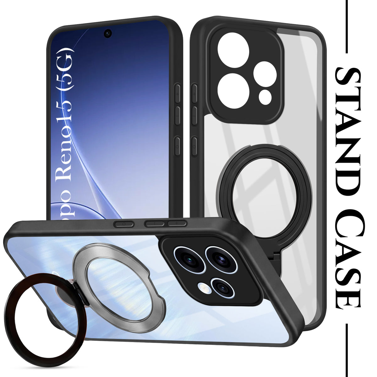 For Oppo Reno15 5G | Oppo Reno 15 5G Back Cover Case (Kick Stand Ring Holder | Life time Anti Yellow | Camera Protection)