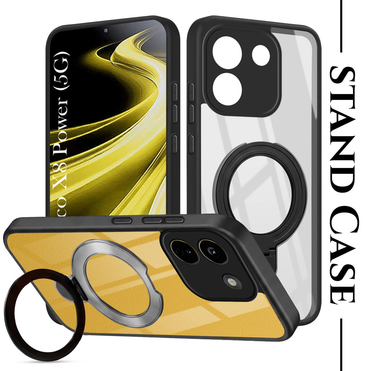 For Poco X8 Power Back Cover Case (Kick Stand Ring Holder | Life time Anti Yellow | Camera Protection)