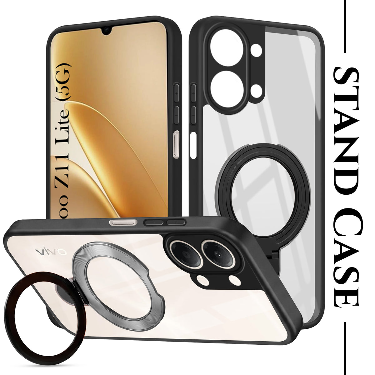 For Vivo iQOO Z11 Lite Back Cover Case (Kick Stand Ring Holder | Life time Anti Yellow | Camera Protection)