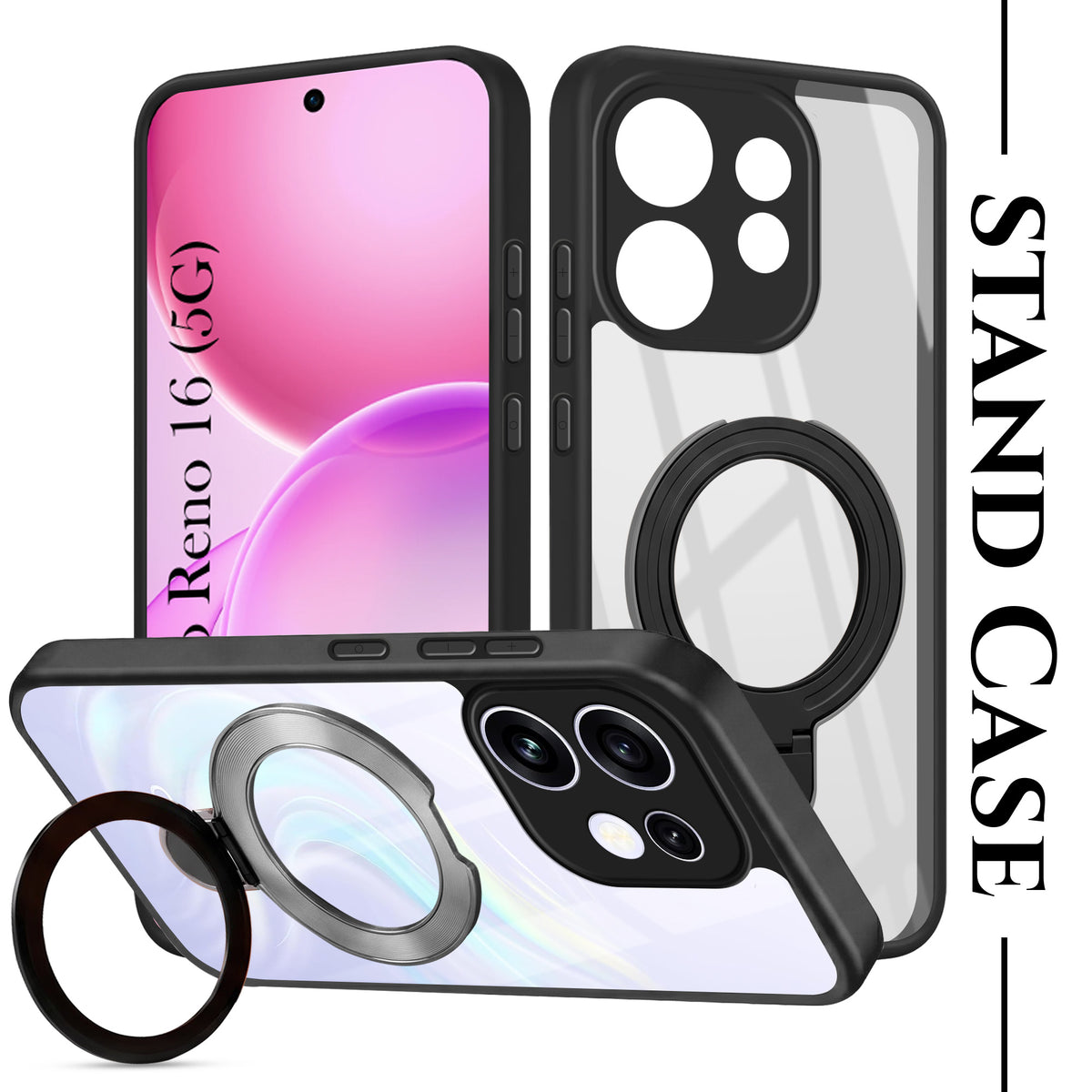 For Oppo Reno 16 Back Cover Case (Kick Stand Ring Holder | Life time Anti Yellow | Camera Protection)