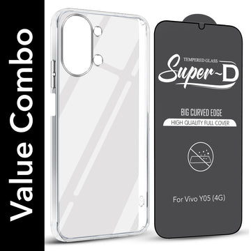 For Vivo Y05 4G Combo with Back Cover and 9H Tempered Glass (Lifetime Anti-Yellow | Sleek Hard Crystal | Oleophobic Coating Screen Glass)