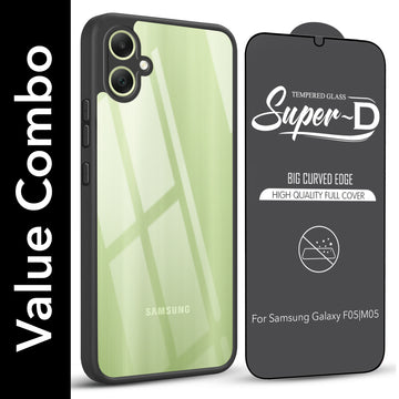 For Samsung Galaxy F05 | M05 Combo with Back Cover and 9H Tempered Glass (Lifetime Anti-Yellow | Crystal Clear Shockproof | Oleophobic Coating Screen Glass)