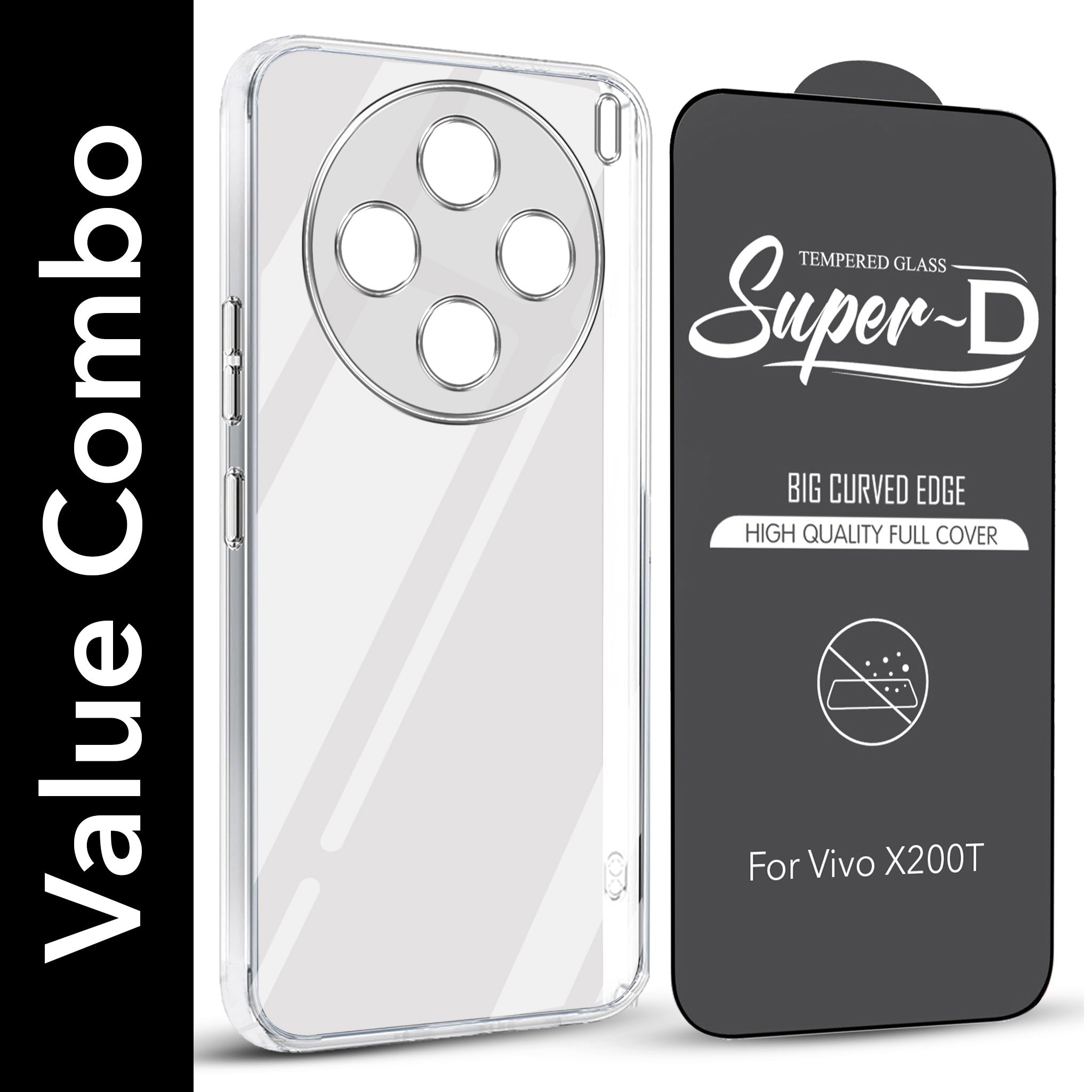 For Vivo X200T Combo with Back Cover and 9H Tempered Glass (Lifetime Anti-Yellow | Sleek Hard Crystal | Oleophobic Coating Screen Glass)