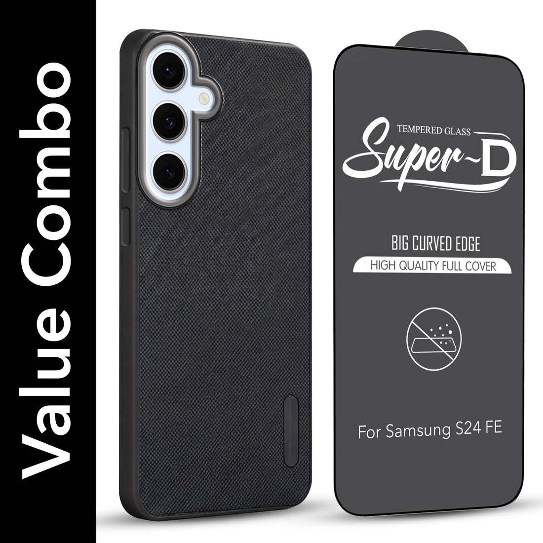 For Samsung Galaxy S24 FE Combo with Back Cover and 9H Tempered Glass (Textured Grip Design | Micro-Fiber Cloth Inside | Oleophobic Coating Screen Glass)