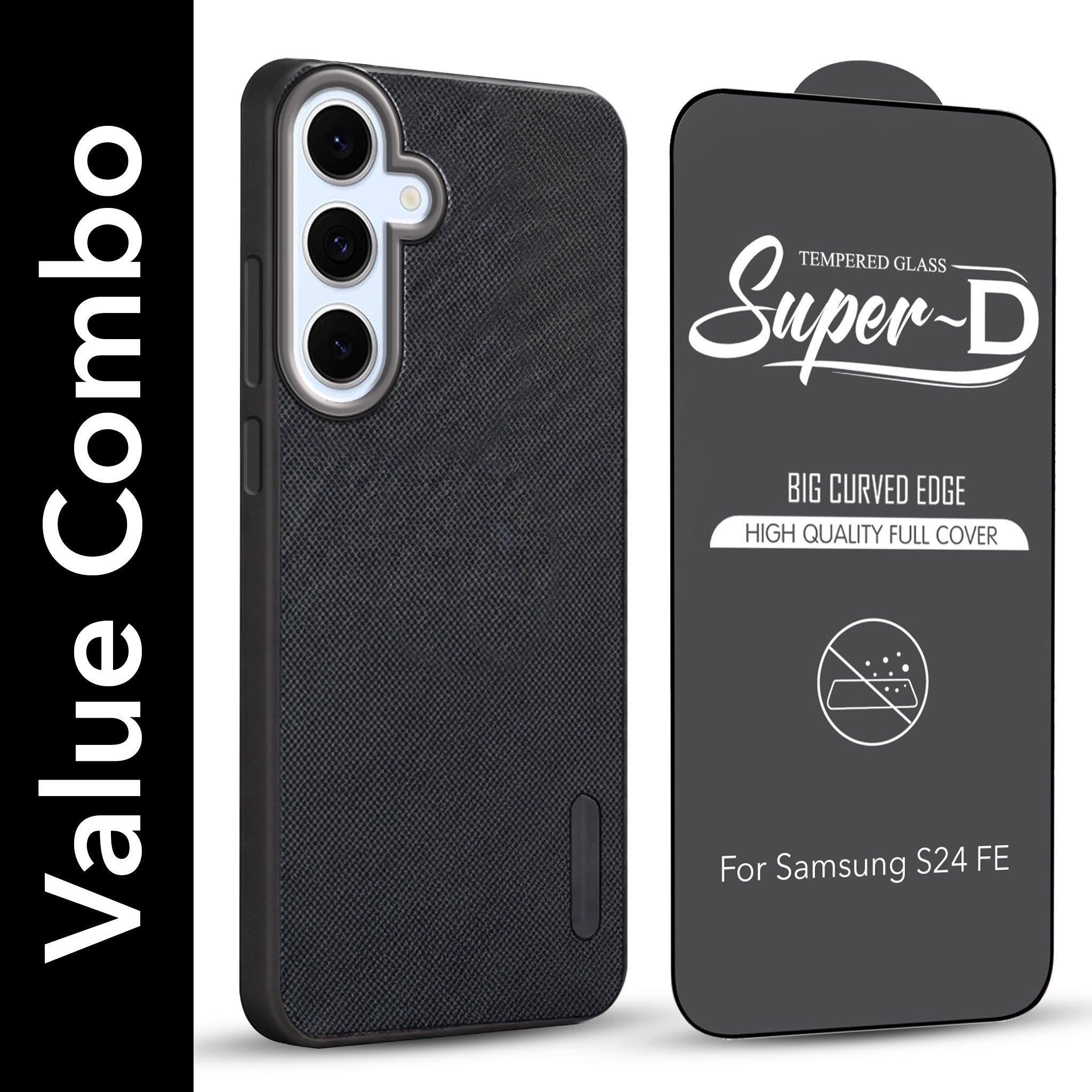 For Samsung Galaxy S24 FE Combo with Back Cover and 9H Tempered Glass (Textured Grip Design | Micro-Fiber Cloth Inside | Oleophobic Coating Screen Glass)