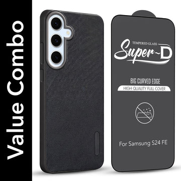 For Samsung Galaxy S24 FE Combo with Back Cover and 9H Tempered Glass (Textured Grip Design | Micro-Fiber Cloth Inside | Oleophobic Coating Screen Glass)