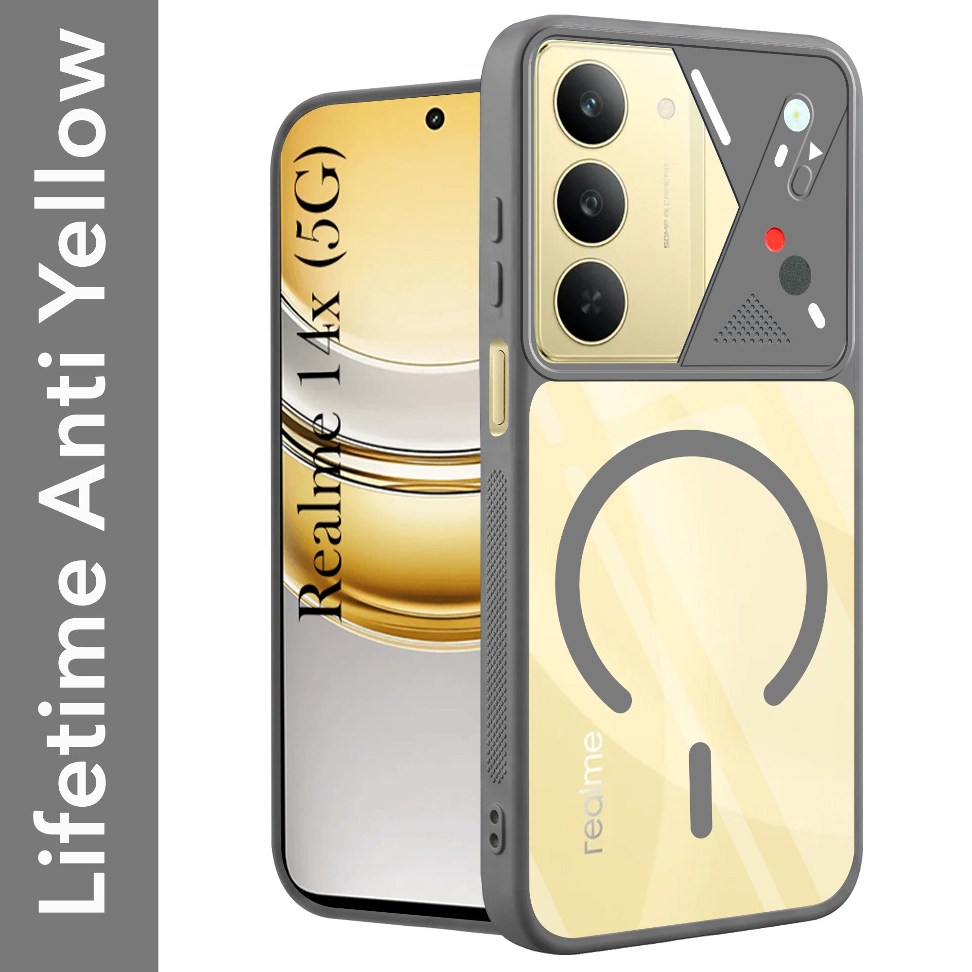 For Realme 14X Back Cover Case Lifetime Anti-Yellow Clear (Camera Protection | Side Grip | Wireless MagSafe Compatible)