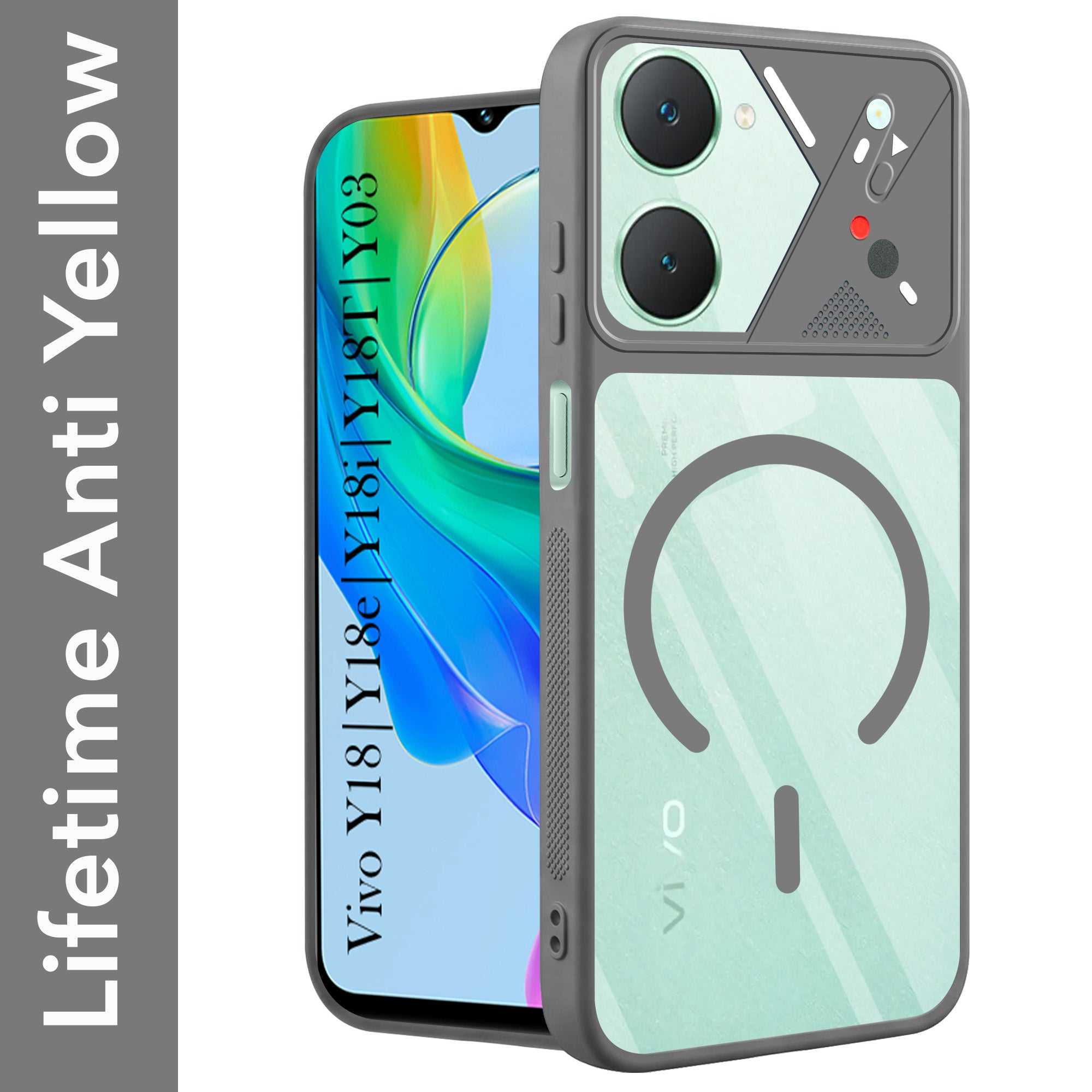 For Y18 | Vivo Y18e | Vivo Y03 | Vivo Y18i | Vivo Y18T Back Cover Case Lifetime Anti-Yellow Clear (Camera Protection | Side Grip | Wireless MagSafe Compatible)