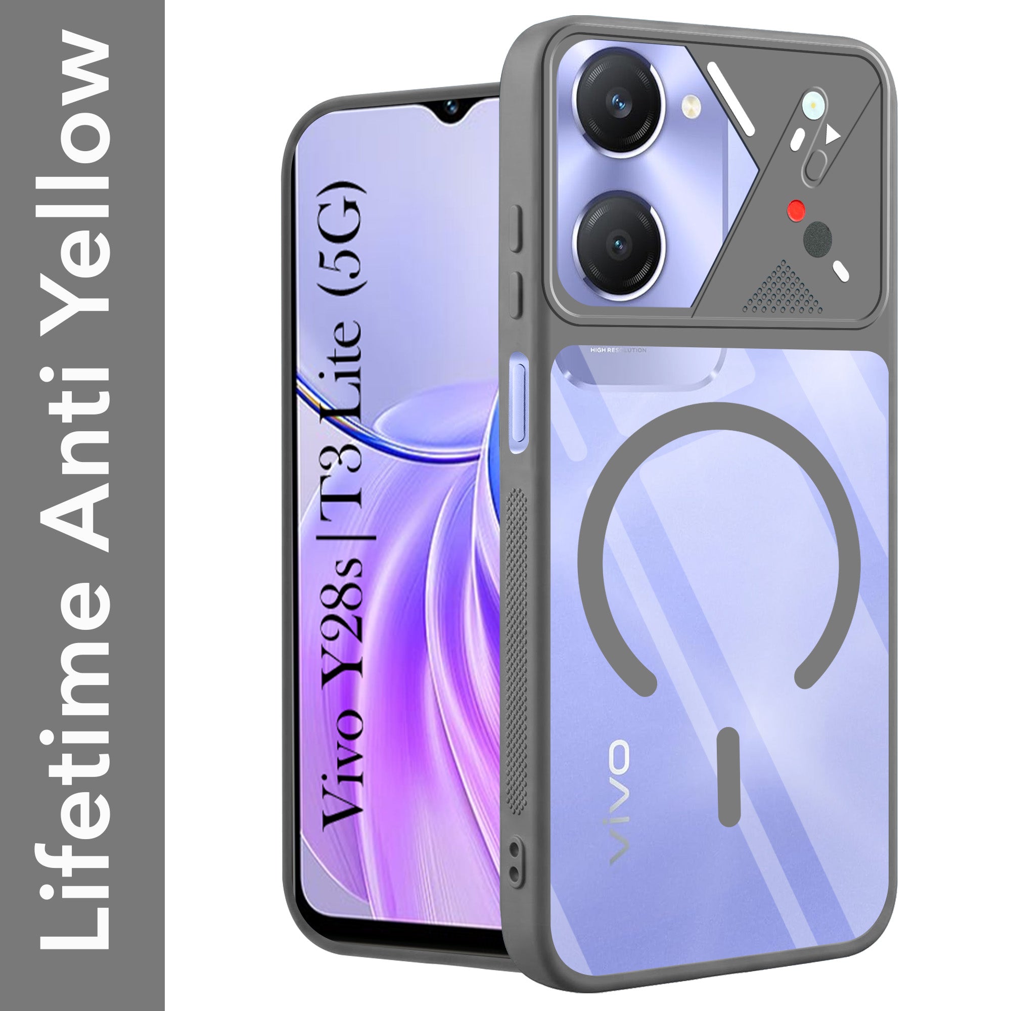 For Vivo Y28s 5G | Vivo T3 Lite 5G Back Cover Case Lifetime Anti-Yellow Clear (Camera Protection | Side Grip | Wireless MagSafe Compatible)