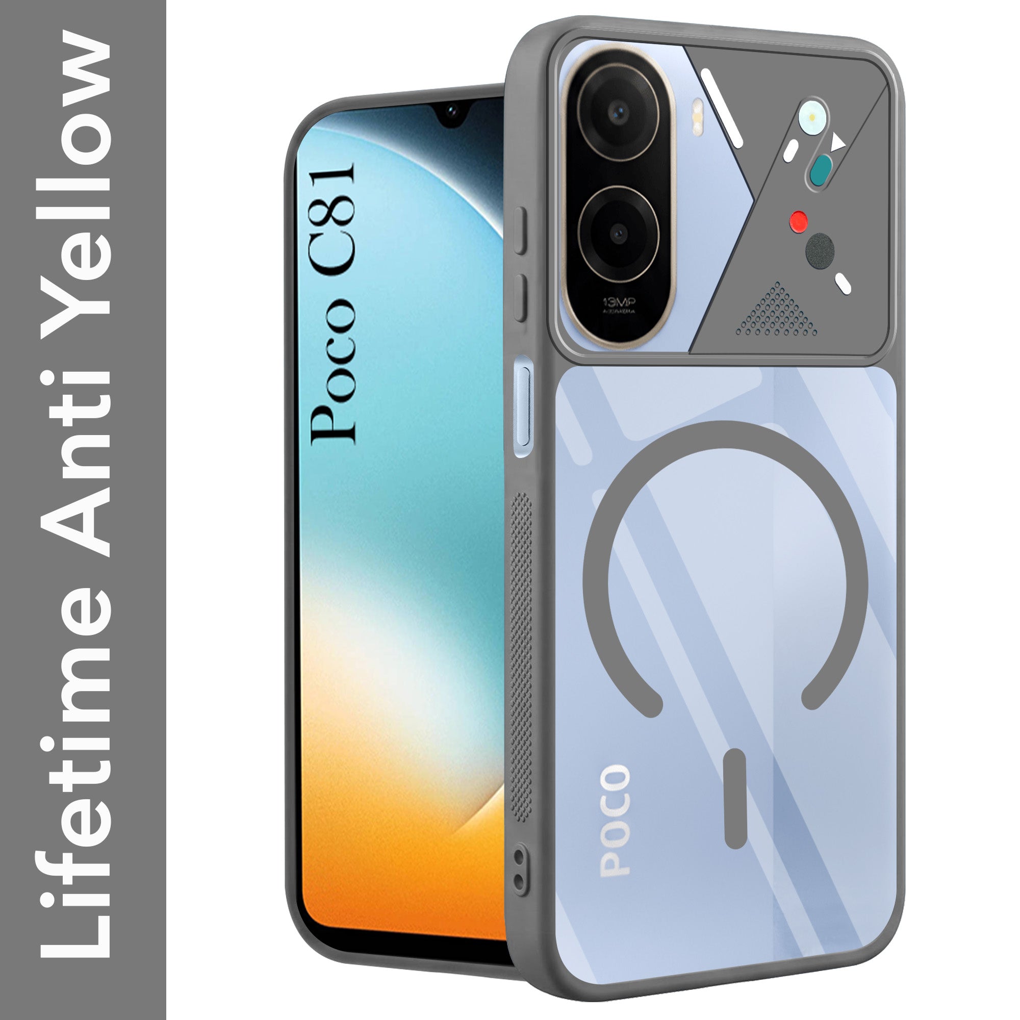 For Poco C81 Back Cover Case Lifetime Anti-Yellow Clear (Camera Protection | Side Grip | Wireless MagSafe Compatible)