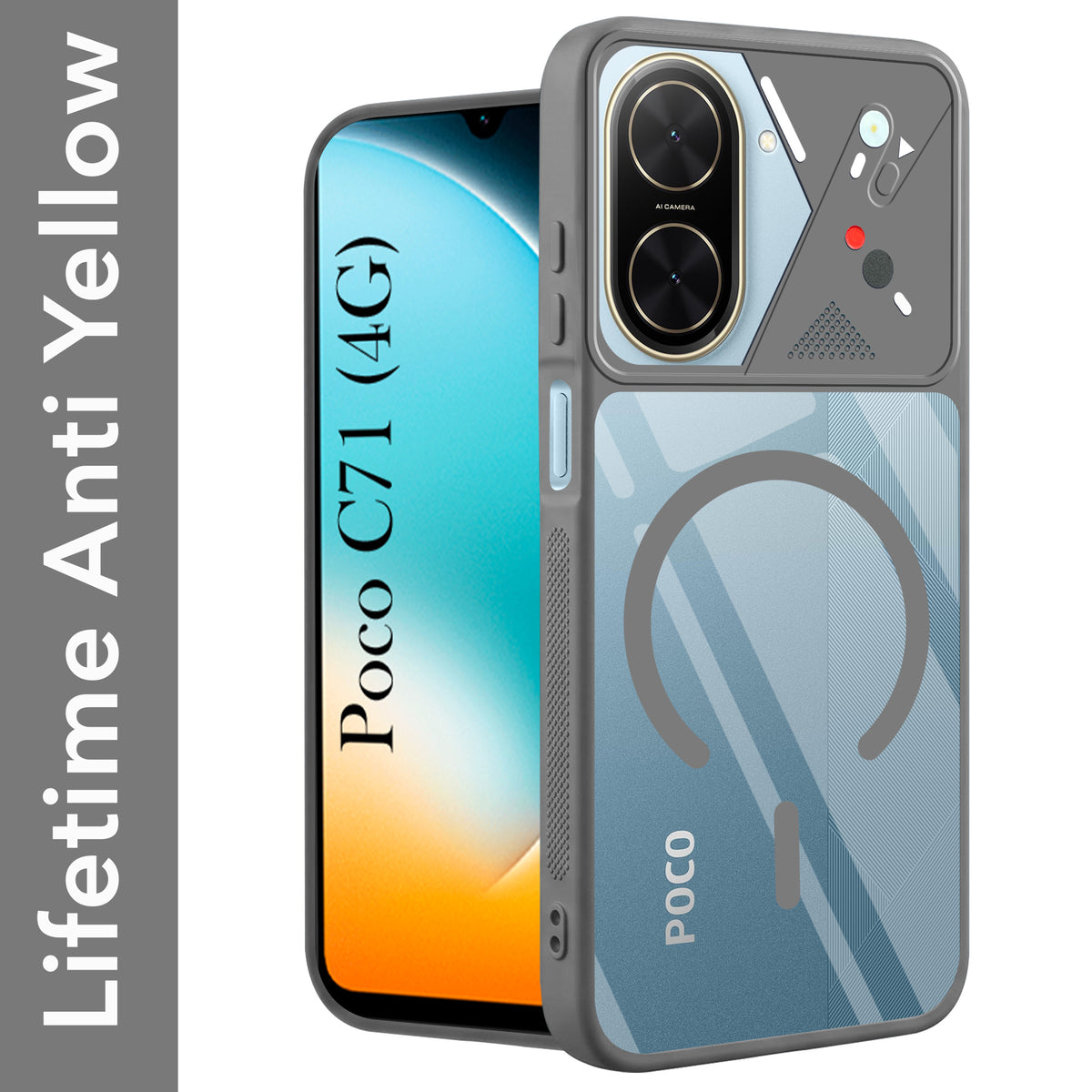 For Poco C71 Back Cover Case Lifetime Anti-Yellow Clear (Camera Protection | Side Grip | Wireless MagSafe Compatible)