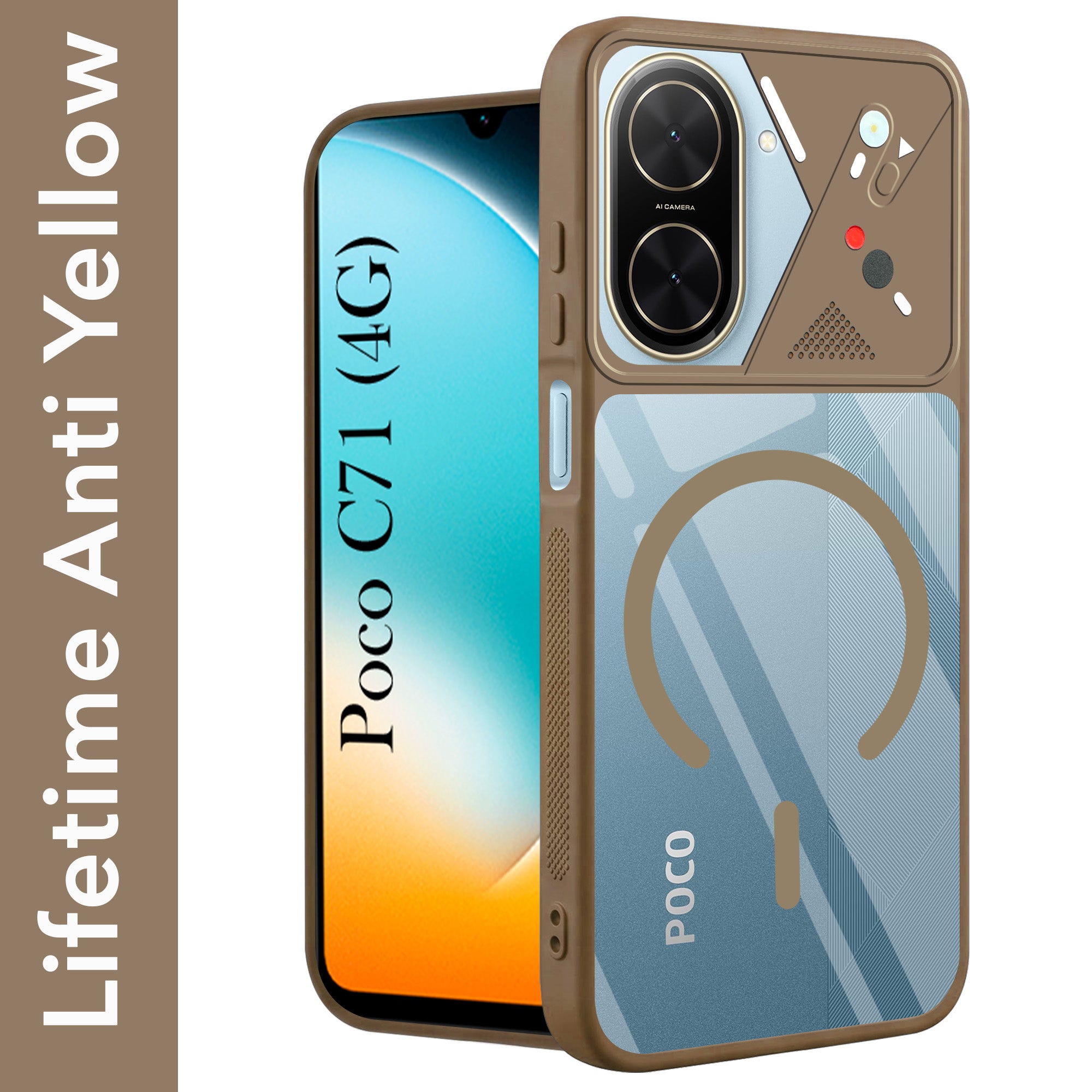 For Poco C71 Back Cover Case Lifetime Anti-Yellow Clear (Camera Protection | Side Grip | Wireless MagSafe Compatible)