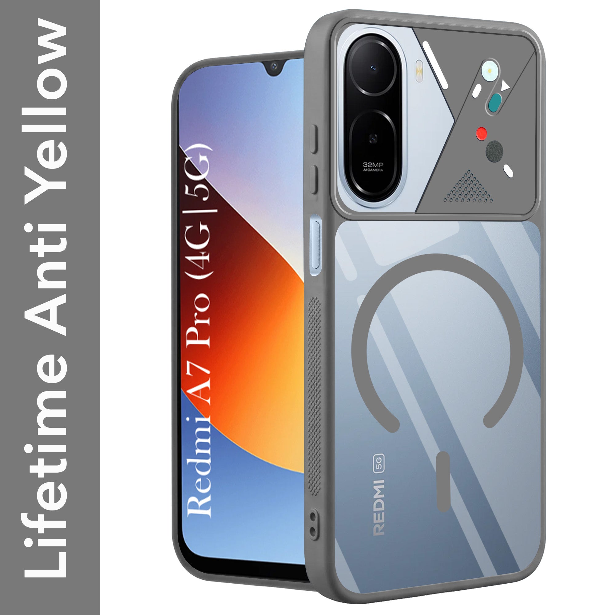 For Redmi A7 Pro 4G|5G Back Cover Case Lifetime Anti-Yellow Clear (Camera Protection | Side Grip | Wireless MagSafe Compatible)