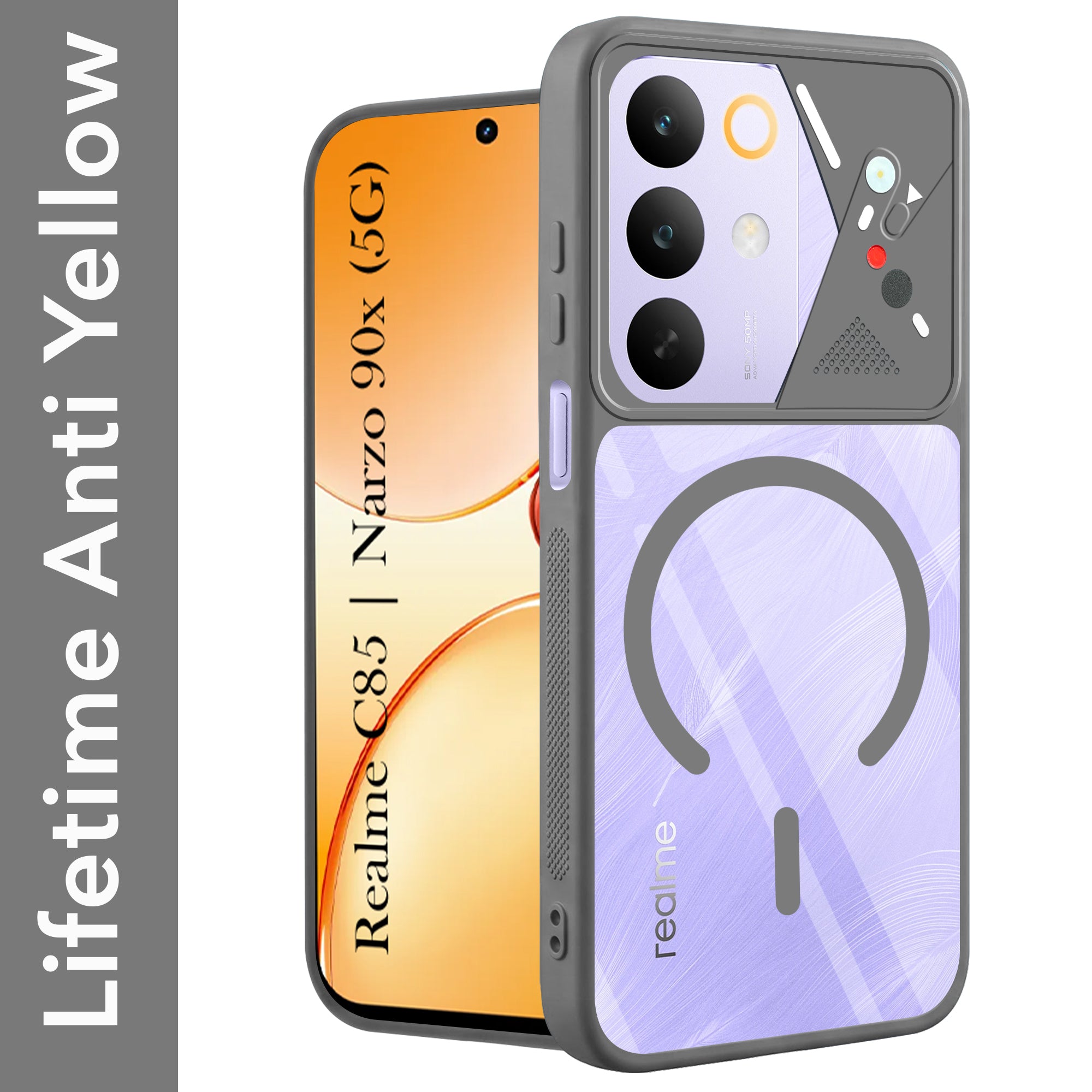 For Realme C85 5G | Realme Narzo 90x  Back Cover Case Lifetime Anti-Yellow Clear (Camera Protection | Side Grip | Wireless MagSafe Compatible)