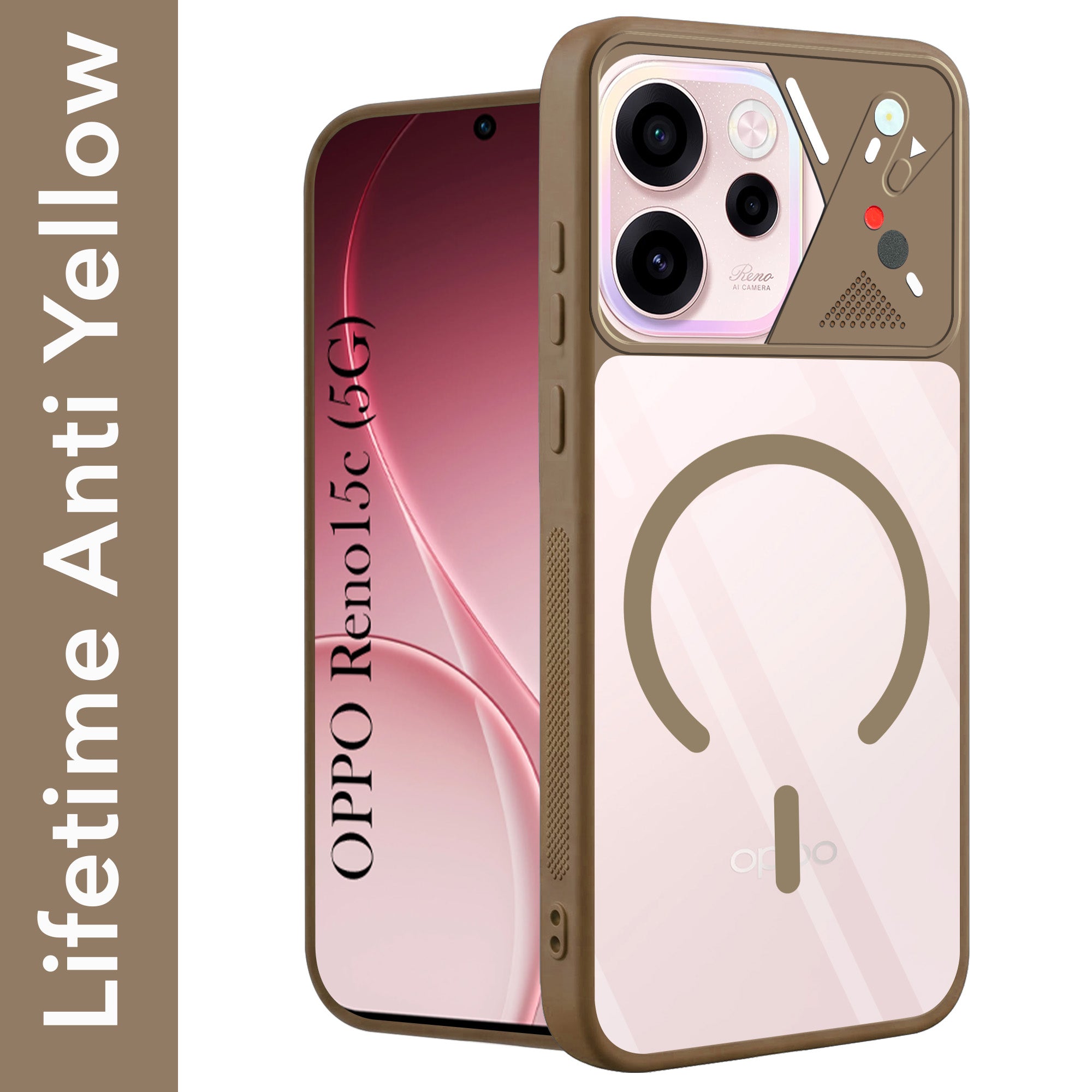 For Oppo Reno 15c Back Cover Case Lifetime Anti-Yellow Clear (Camera Protection | Side Grip | Wireless MagSafe Compatible)