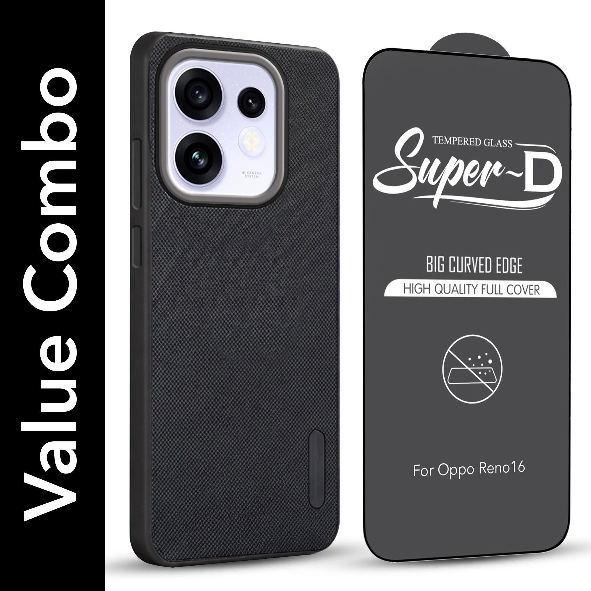 For Oppo Reno 16 Combo with Back Cover and 9H Tempered Glass (Textured Grip Design | Micro-Fiber Cloth Inside | Oleophobic Coating Screen Glass)
