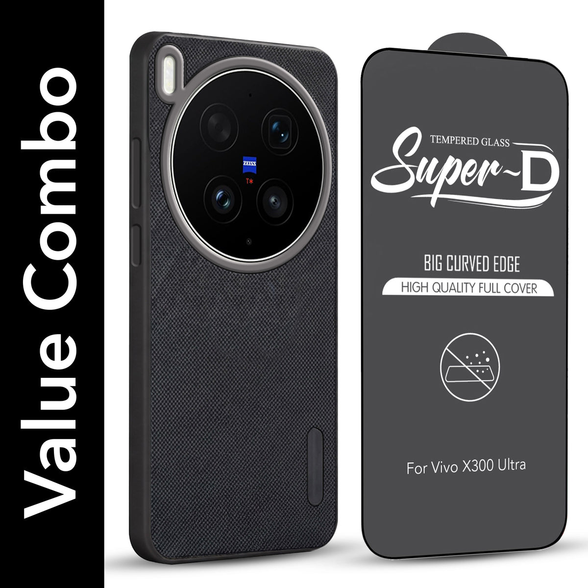 For Vivo X300 Ultra Combo with Back Cover and 9H Tempered Glass (Textured Grip Design | Micro-Fiber Cloth Inside | Oleophobic Coating Screen Glass)