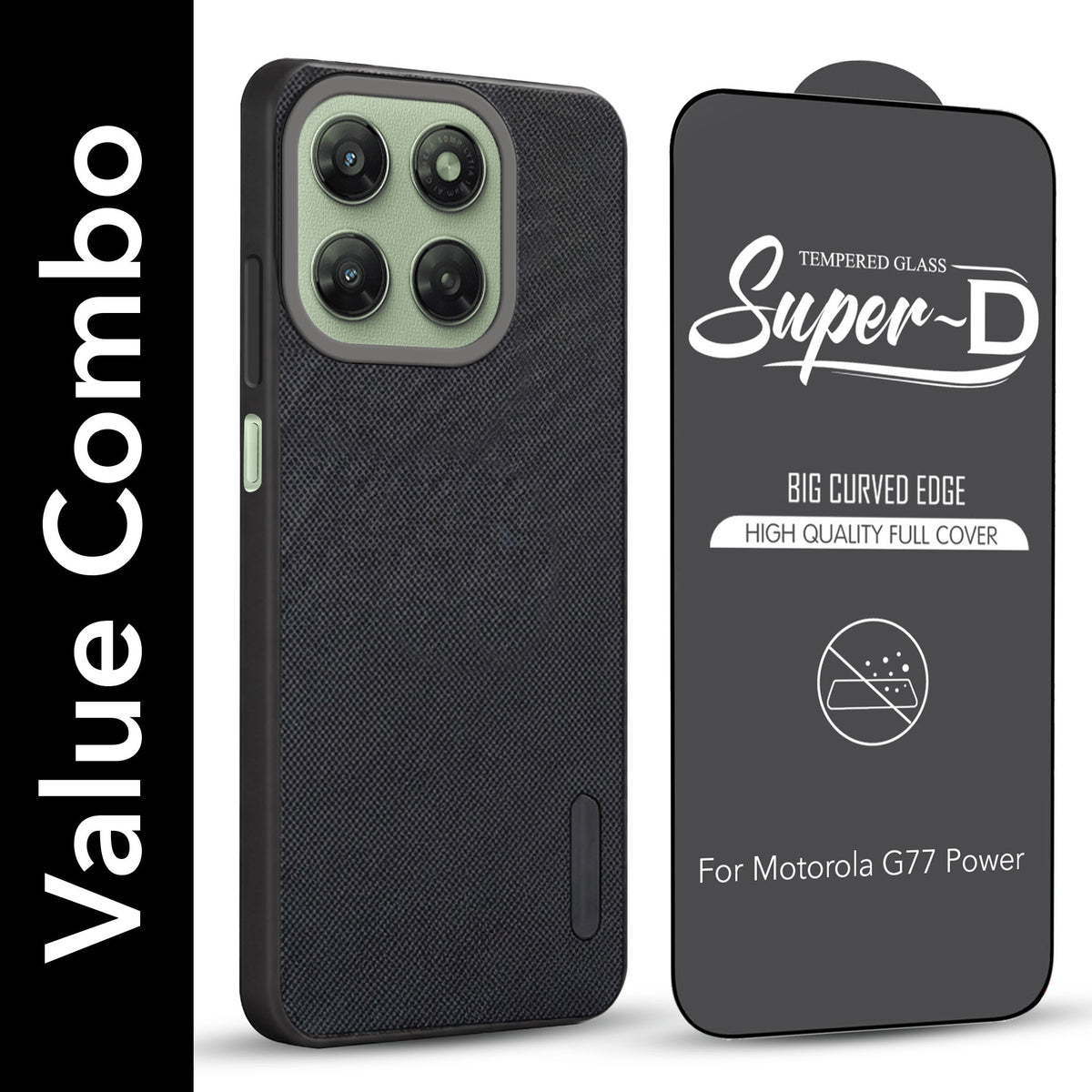 For Motorola Moto G77 Power Combo with Back Cover and 9H Tempered Glass (Textured Grip Design | Micro-Fiber Cloth Inside | Oleophobic Coating Screen Glass)