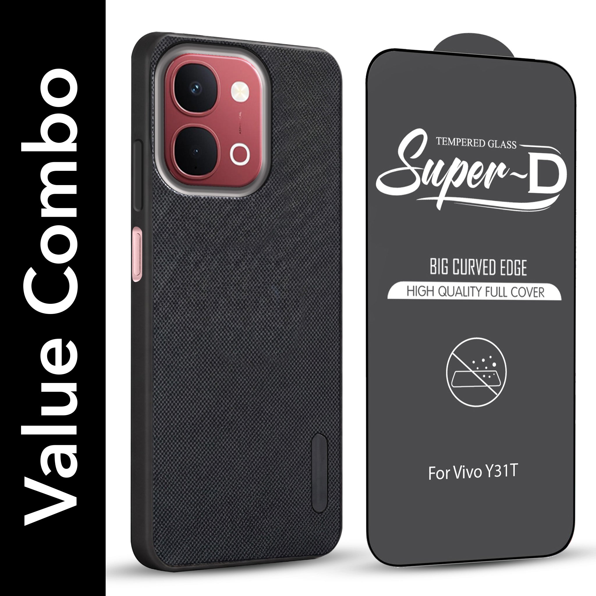 For Vivo Y31T 5G Combo with Back Cover and 9H Tempered Glass (Textured Grip Design | Micro-Fiber Cloth Inside | Oleophobic Coating Screen Glass)