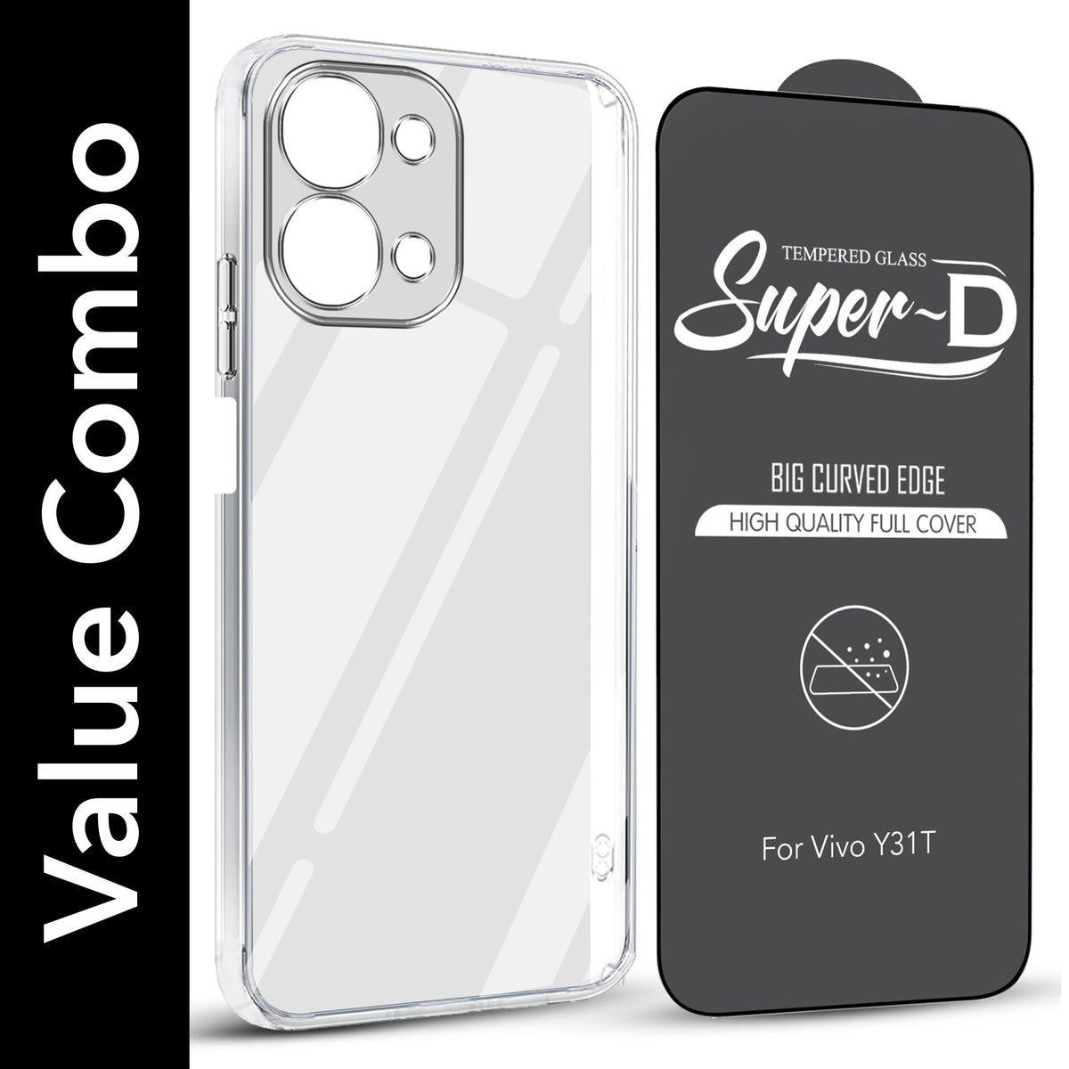 For Vivo Y31T 5G Combo with Back Cover and 9H Tempered Glass (Lifetime Anti-Yellow | Sleek Hard Crystal | Oleophobic Coating Screen Glass)