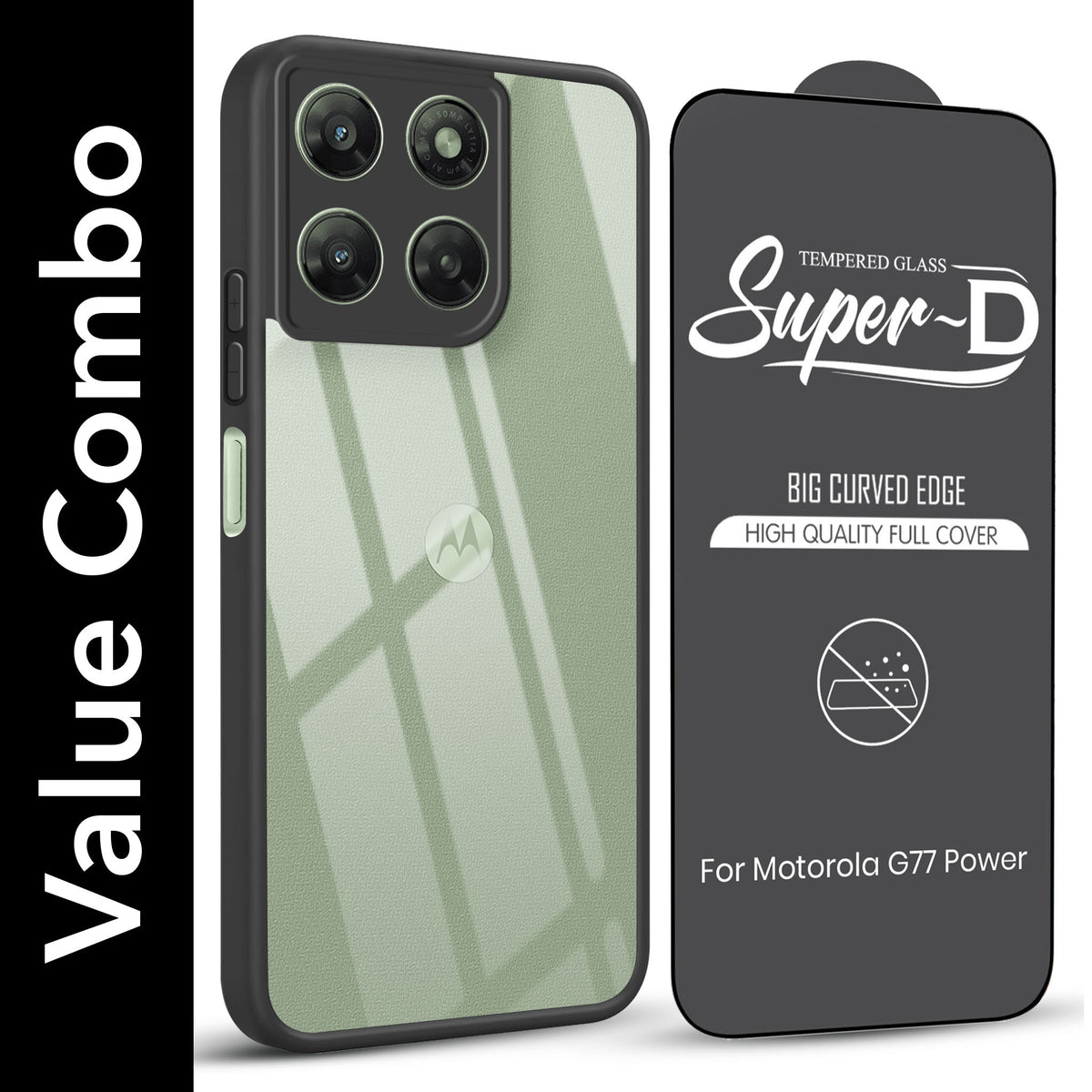 For Motorola Moto G77 Power Combo with Back Cover and 9H Tempered Glass (Lifetime Anti-Yellow | Crystal Clear Shockproof | Oleophobic Coating Screen Glass)