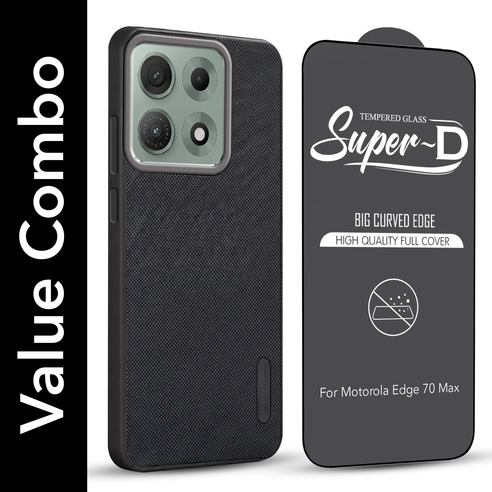 For Motorola Moto Edge 70 Max Combo with Back Cover and 9H Tempered Glass (Textured Grip Design | Micro-Fiber Cloth Inside | Oleophobic Coating Screen Glass)