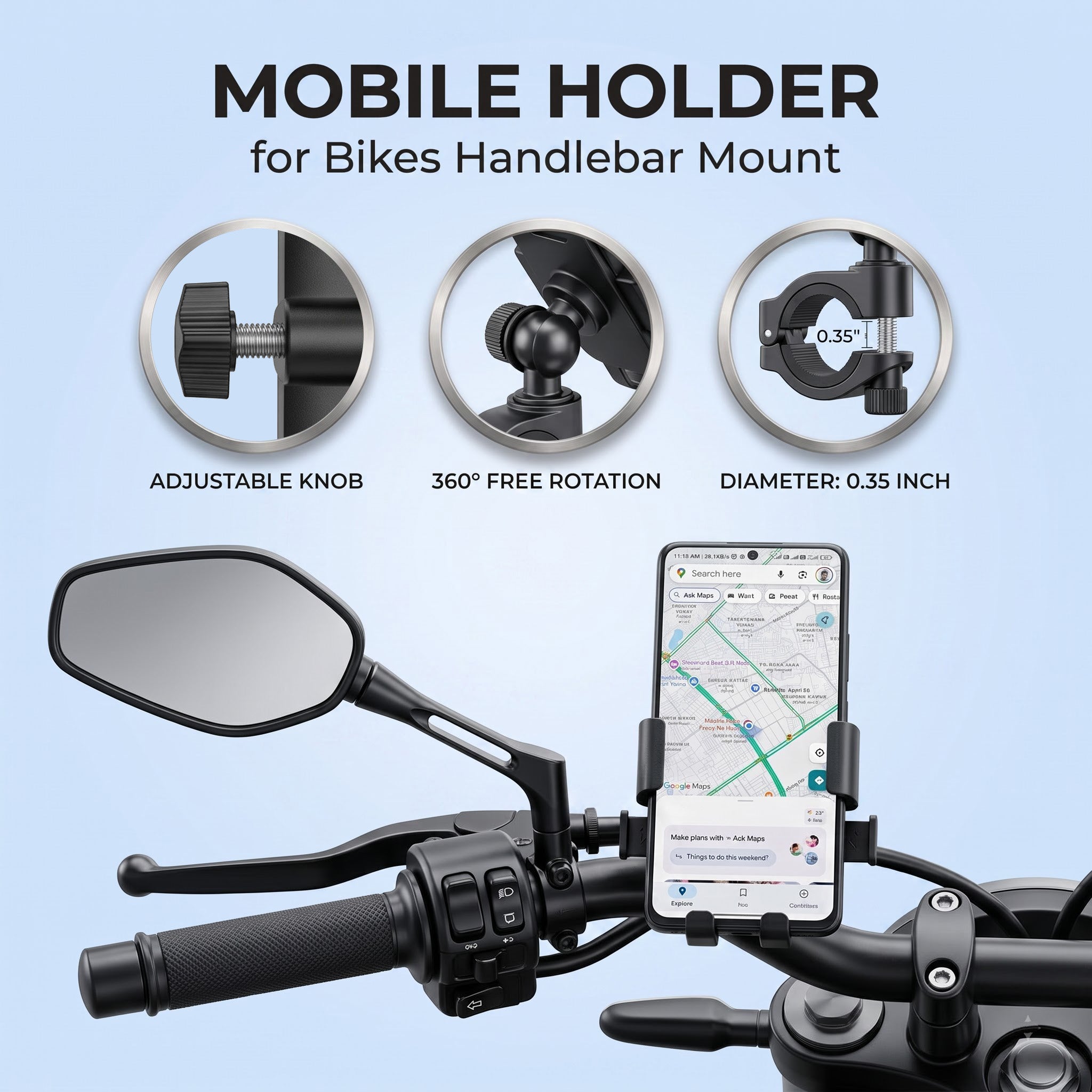 Premium 360° Universal Bike Phone Holder | Anti-Shake Motorcycle Handlebar Mobile Mount with Secure Lock