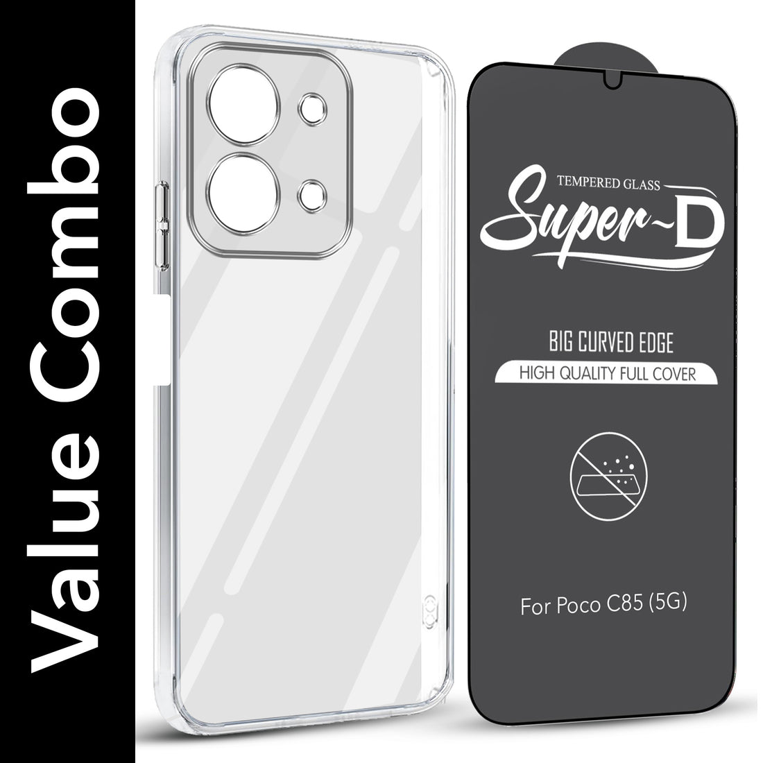 For Poco C85 5G Combo with Back Cover and 9H Tempered Glass (Lifetime Anti-Yellow | Sleek Hard Crystal | Oleophobic Coating Screen Glass)