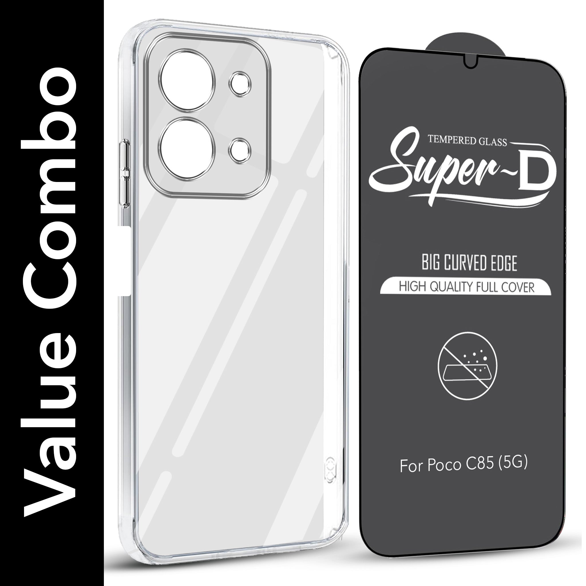 For Poco C85 5G Combo with Back Cover and 9H Tempered Glass (Lifetime Anti-Yellow | Sleek Hard Crystal | Oleophobic Coating Screen Glass)