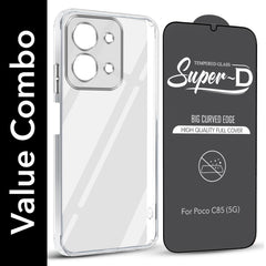 For Poco C85 5G Combo with Back Cover and 9H Tempered Glass (Lifetime Anti-Yellow | Sleek Hard Crystal | Oleophobic Coating Screen Glass)