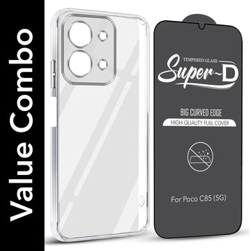 For Poco C85 5G Combo with Back Cover and 9H Tempered Glass (Lifetime Anti-Yellow | Sleek Hard Crystal | Oleophobic Coating Screen Glass)